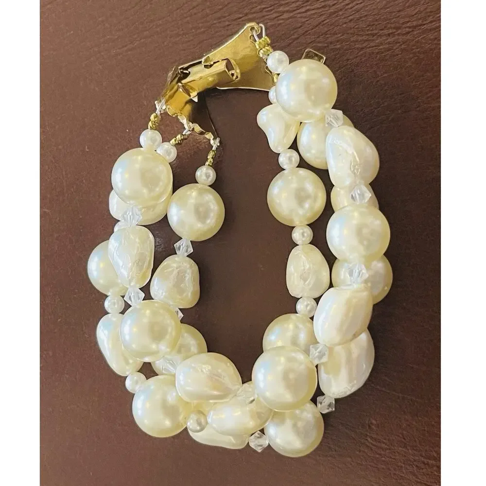 Vintage Karla Jordan Bracelet Beaded Faux Pearl Signed Statement 6.75” Gold Tone